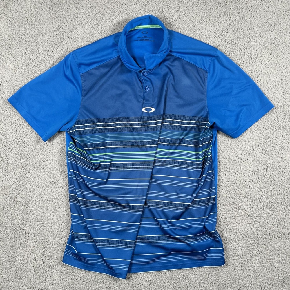 Oakley Polo Shirt Mens XL Blue Striped Performance Golf‎ Activewear Lightweight